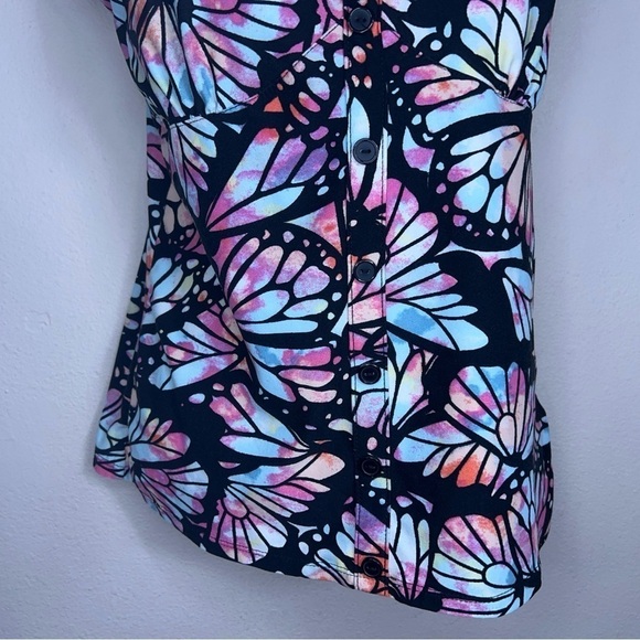 MEDIUM JUNIORS BLACK COLORFUL BUTTERFLY TANK RETRO SLEEVELESS STRETCH TOP - Picture 5 of 12